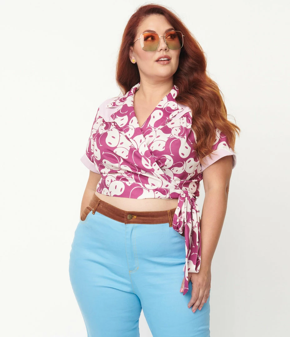 Smiley® X Unique Vintage Plus Size Purple Yin Yang Smiley® Wrap Crop Top