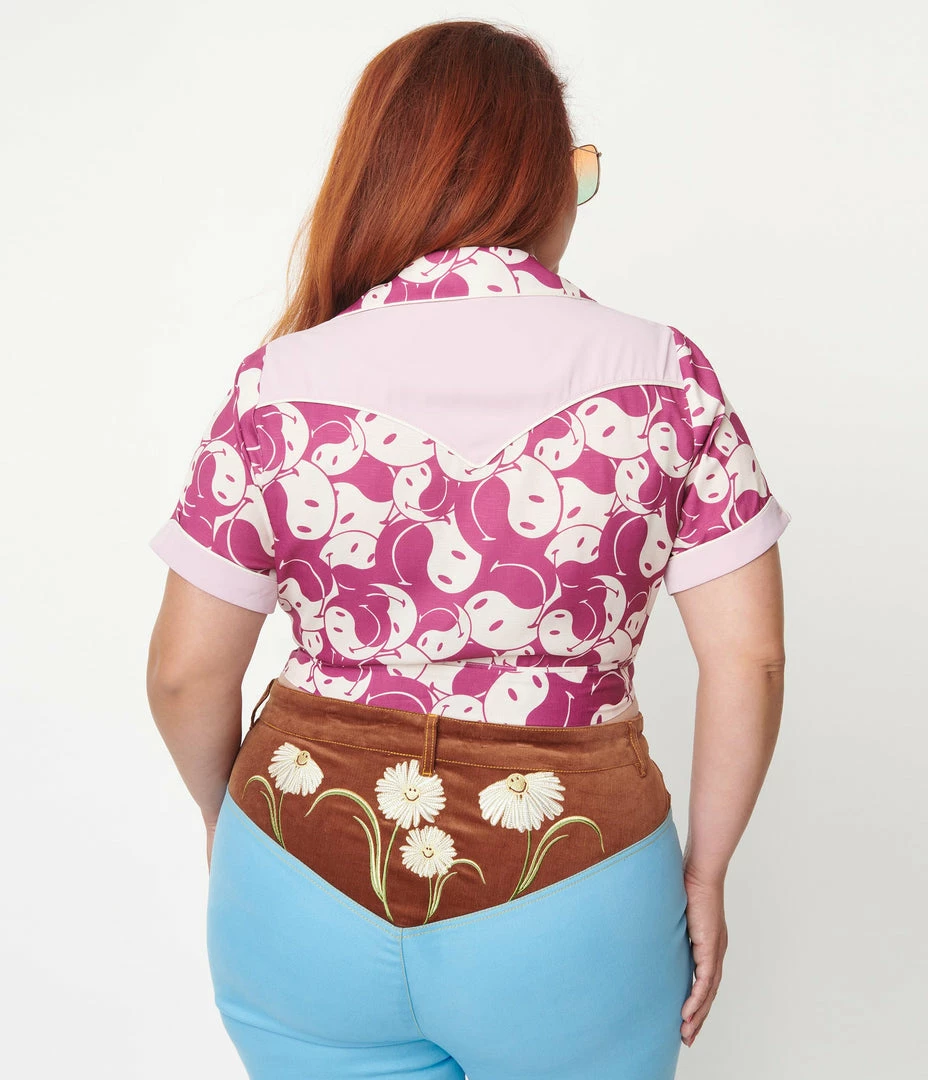 Smiley® X Unique Vintage Plus Size Purple Yin Yang Smiley® Wrap Crop Top