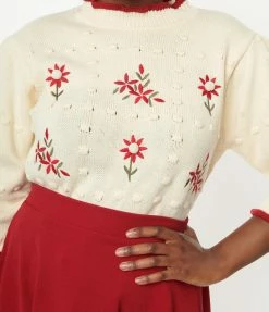 Pink Ripple Cream & Red Embroidered Floral Knit Sweater