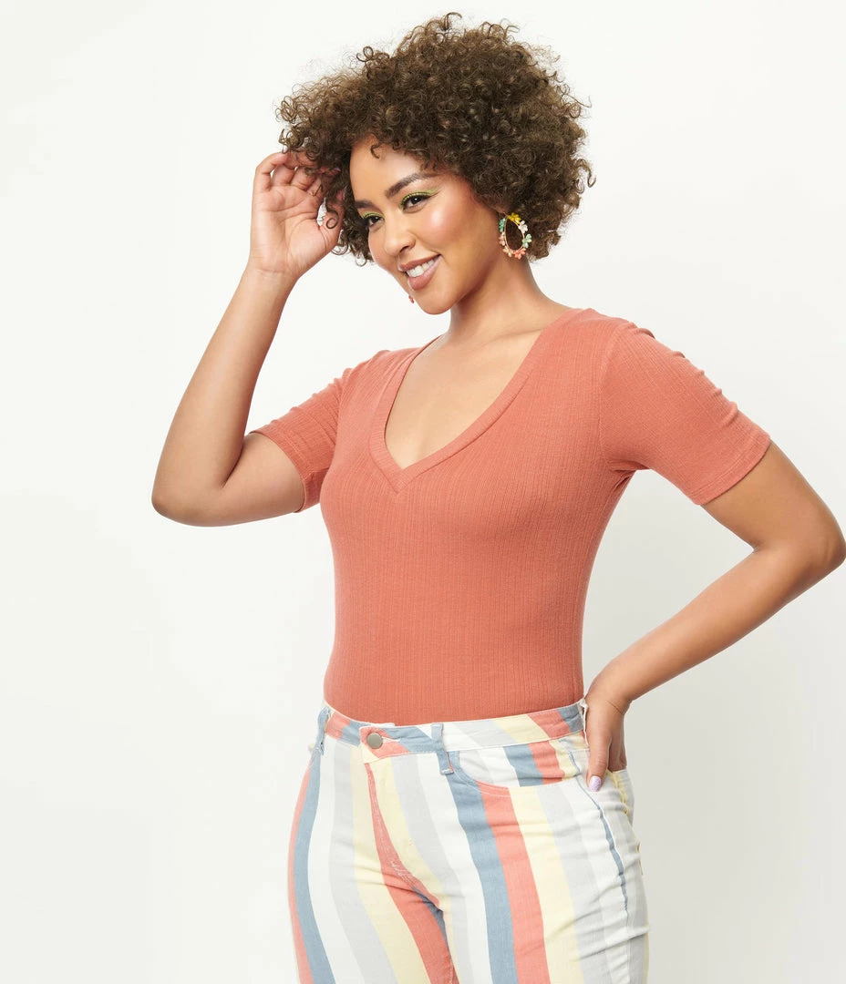 A Beauty By BNB Sale Coral V-Neckline Short Sleeve Bodysuit