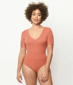 A Beauty By BNB Sale Coral V-Neckline Short Sleeve Bodysuit
