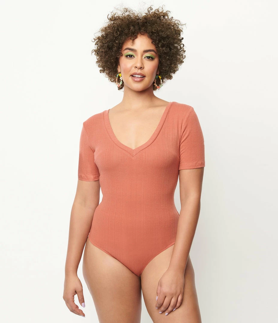 A Beauty By BNB Sale Coral V-Neckline Short Sleeve Bodysuit