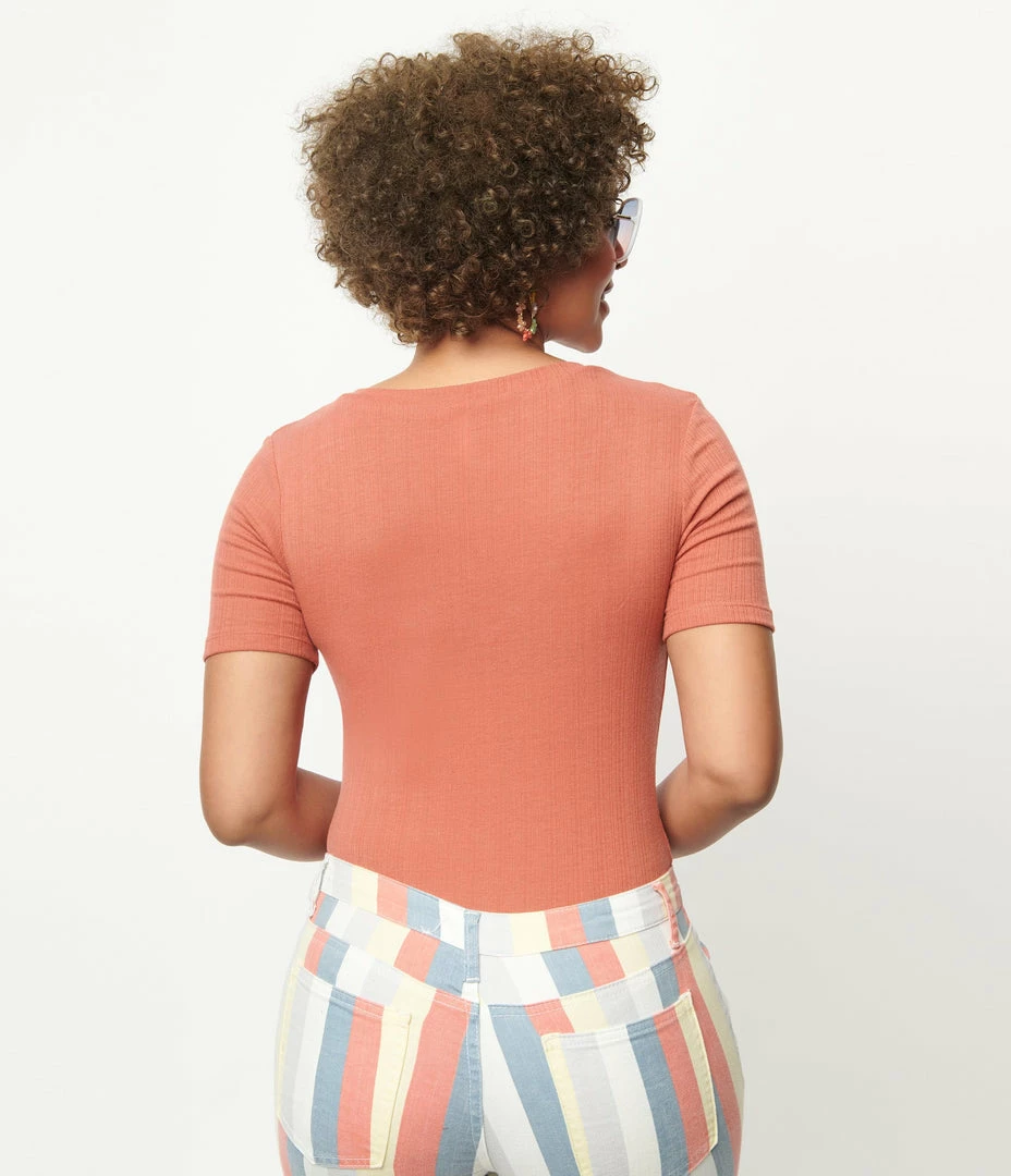 A Beauty By BNB Sale Coral V-Neckline Short Sleeve Bodysuit