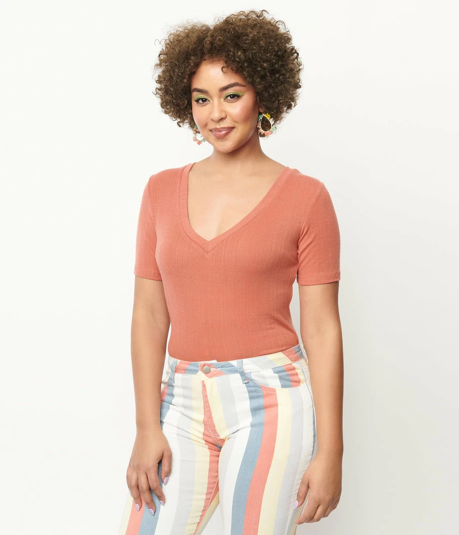 A Beauty By BNB Sale Coral V-Neckline Short Sleeve Bodysuit