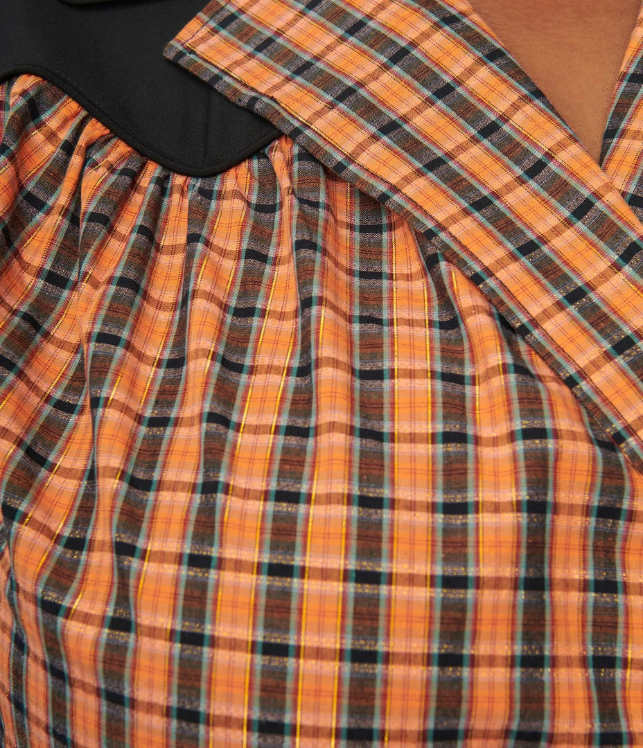 Sale Unique Vintage Plus Size 1950s Black & Orange Plaid Wrap Star Crop Top