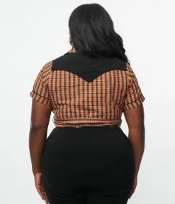 Sale Unique Vintage Plus Size 1950s Black & Orange Plaid Wrap Star Crop Top