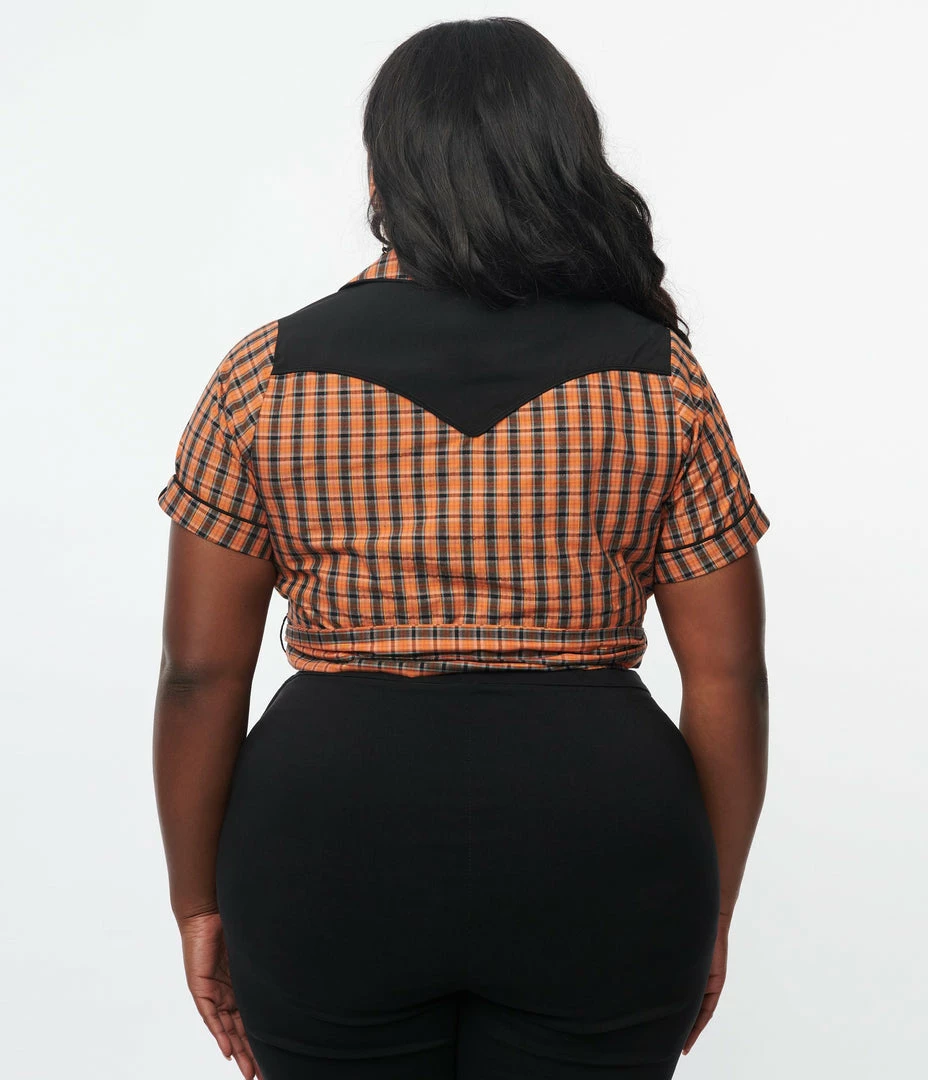 Sale Unique Vintage Plus Size 1950s Black & Orange Plaid Wrap Star Crop Top