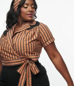 Sale Unique Vintage Plus Size 1950s Black & Orange Plaid Wrap Star Crop Top