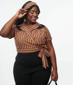 Sale Unique Vintage Plus Size 1950s Black & Orange Plaid Wrap Star Crop Top