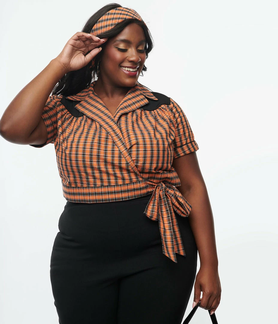 Sale Unique Vintage Plus Size 1950s Black & Orange Plaid Wrap Star Crop Top