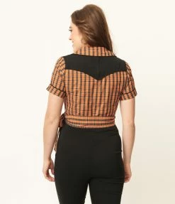 Sale Unique Vintage 1950s Black & Orange Plaid Wrap Star Crop Top