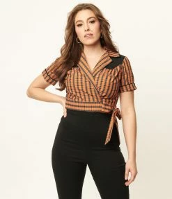Sale Unique Vintage 1950s Black & Orange Plaid Wrap Star Crop Top