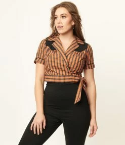 Sale Unique Vintage 1950s Black & Orange Plaid Wrap Star Crop Top