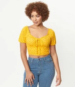 CHOCOLATE USA Mustard Ditsy Floral Ruffle Crop Top
