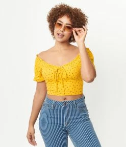 CHOCOLATE USA Mustard Ditsy Floral Ruffle Crop Top