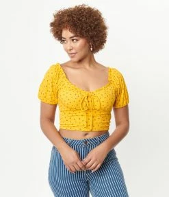 CHOCOLATE USA Mustard Ditsy Floral Ruffle Crop Top