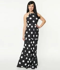 American Mettle Holding (Today Fashion) Sale Black & White Polka Dot Halter Maxi Dress