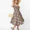SHEEN Clothing Ltd 1950s Yellow & Purple Floral Selena Swing Dress