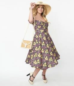 SHEEN Clothing Ltd 1950s Yellow & Purple Floral Selena Swing Dress