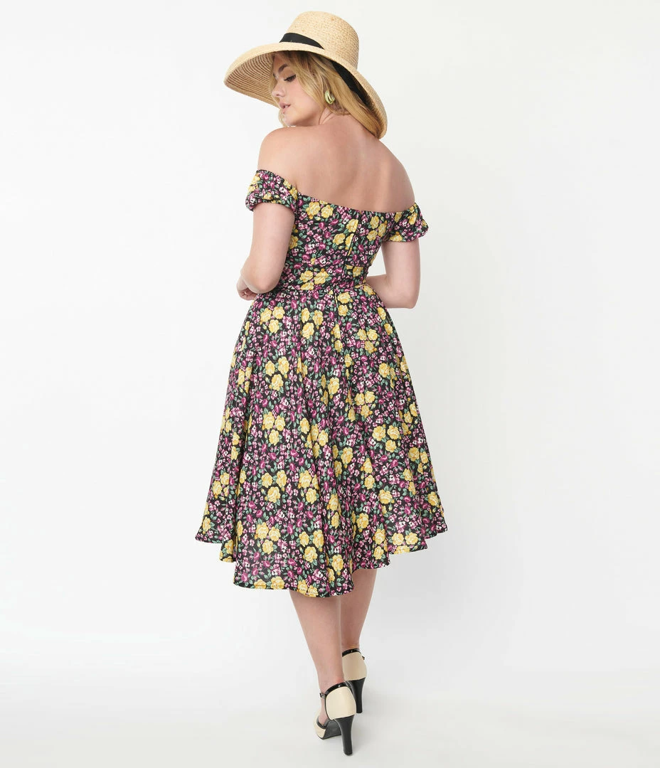 SHEEN Clothing Ltd 1950s Yellow & Purple Floral Selena Swing Dress