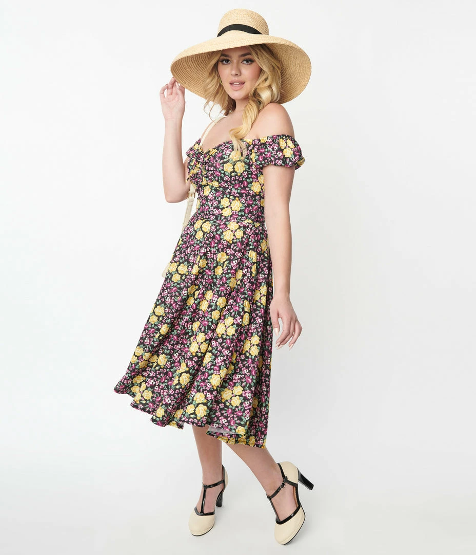 SHEEN Clothing Ltd 1950s Yellow & Purple Floral Selena Swing Dress