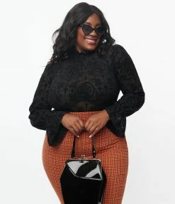 Clothing Unique Vintage Plus Size Black La Catrina Velvet Burnout Donna Blouse