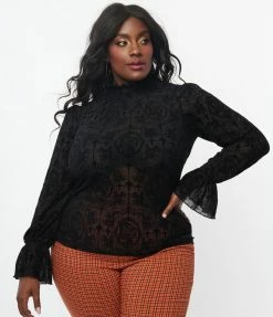 Clothing Unique Vintage Plus Size Black La Catrina Velvet Burnout Donna Blouse