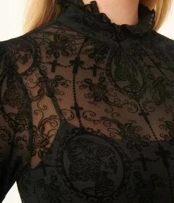 Unique Vintage Black La Catrina Velvet Burnout Donna Blouse