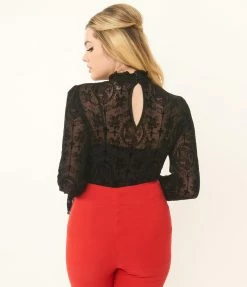 Unique Vintage Black La Catrina Velvet Burnout Donna Blouse