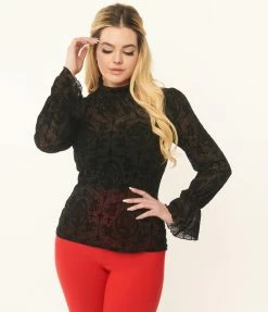 Unique Vintage Black La Catrina Velvet Burnout Donna Blouse