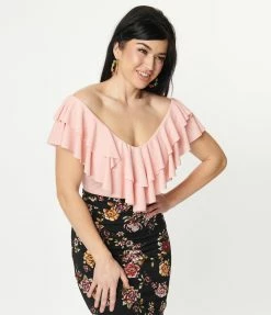 Nylon Apparel Light Pink Off Shoulder Ruffled Top Sale