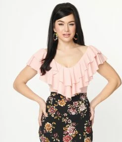 Nylon Apparel Light Pink Off Shoulder Ruffled Top Sale