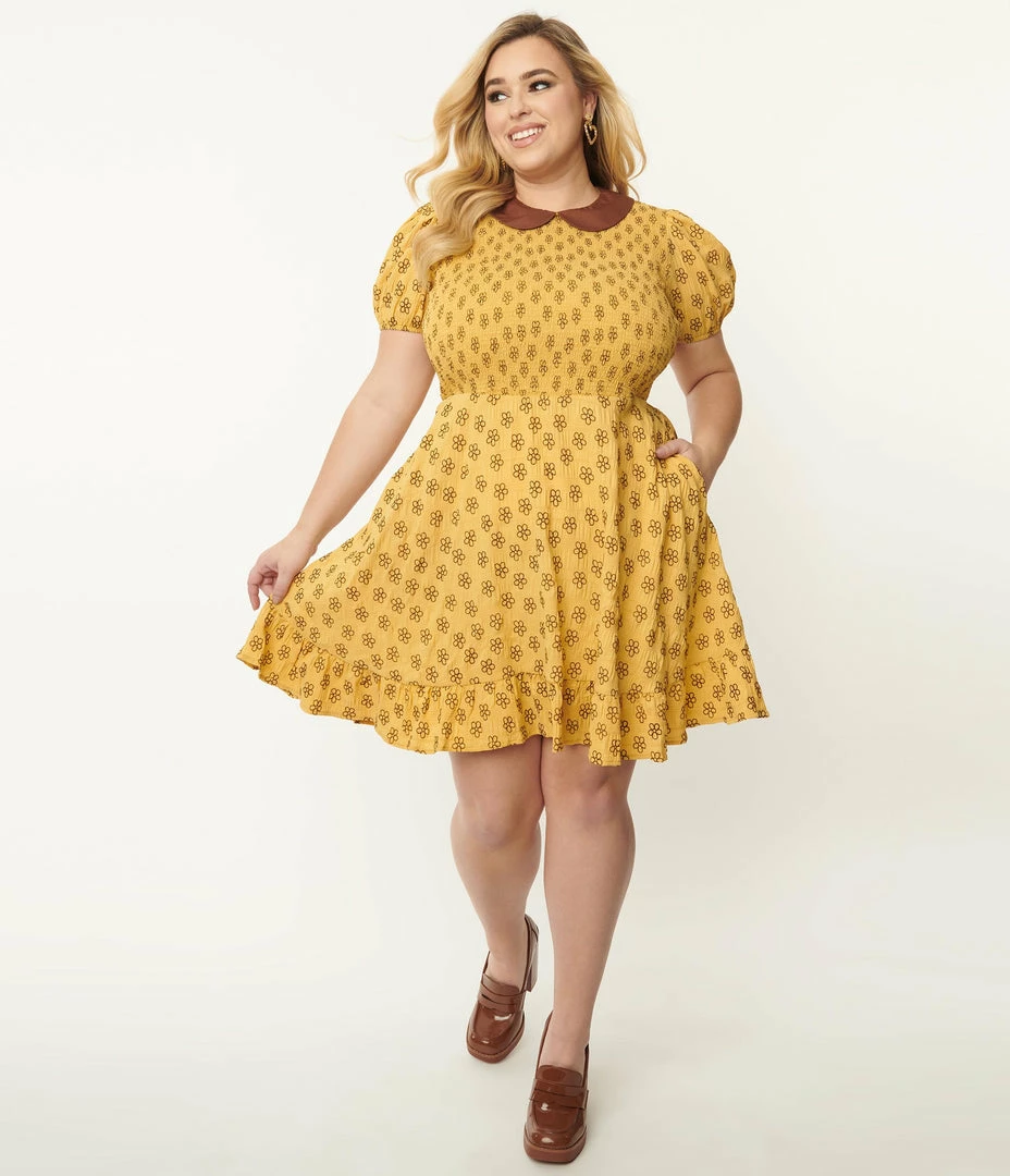 Smak Parlour Plus Size Mustard & Brown Floral Smocked Fit & Flare Dress