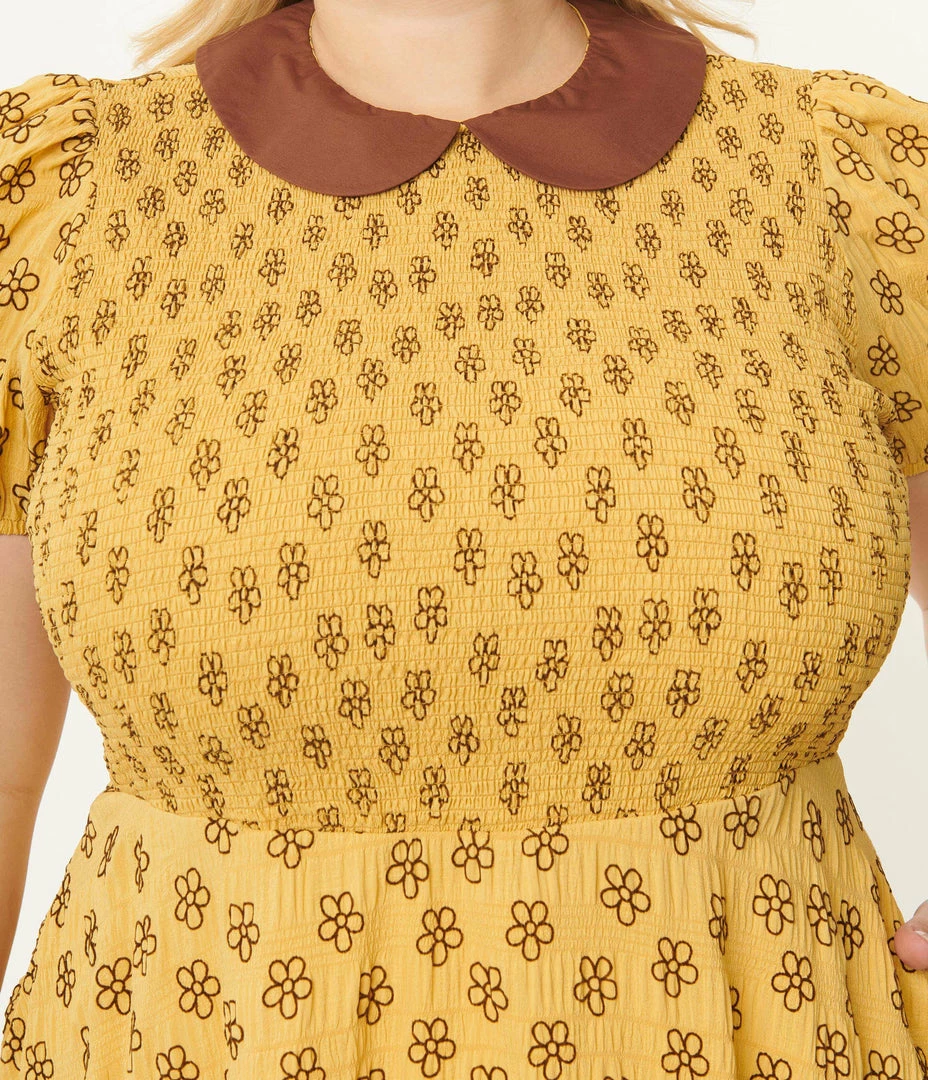 Smak Parlour Plus Size Mustard & Brown Floral Smocked Fit & Flare Dress