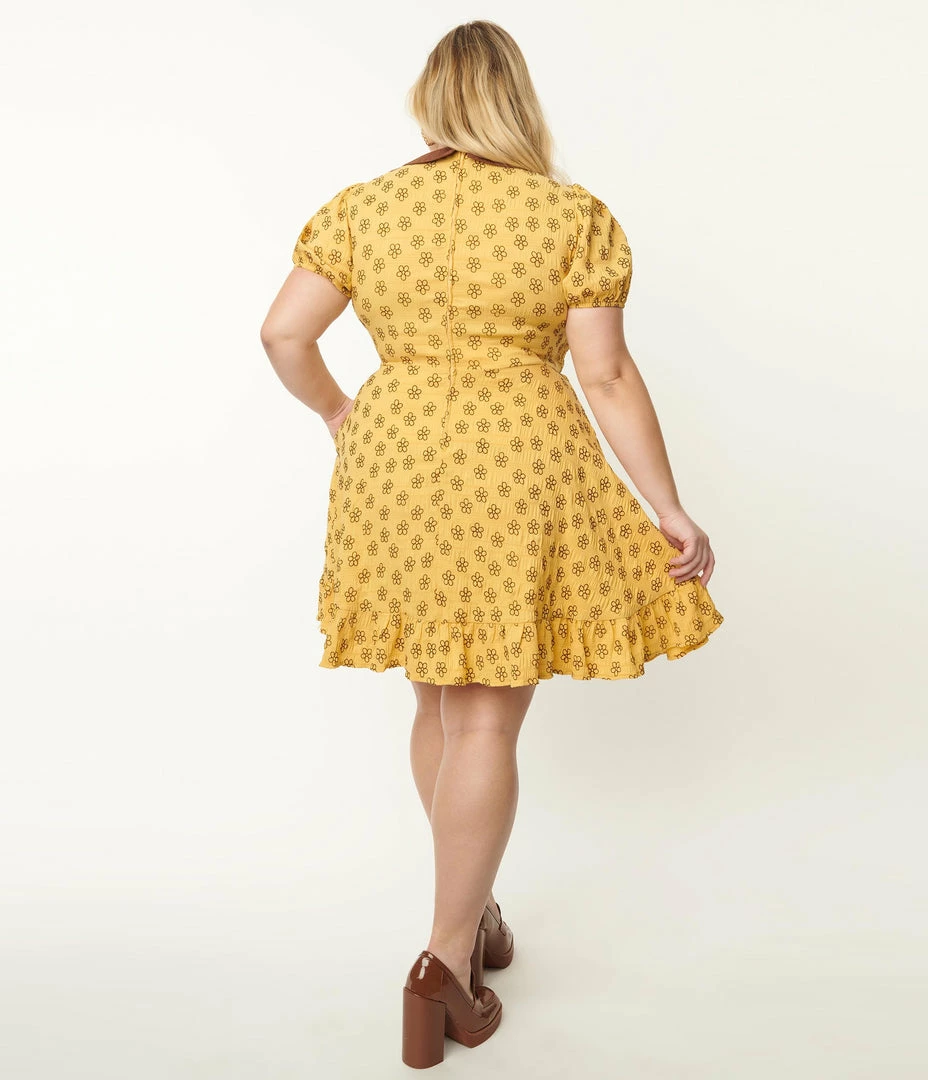 Smak Parlour Plus Size Mustard & Brown Floral Smocked Fit & Flare Dress