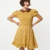 Smak Parlour Mustard & Brown Floral Smocked Fit & Flare Dress