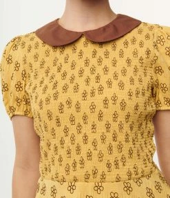 Smak Parlour Mustard & Brown Floral Smocked Fit & Flare Dress