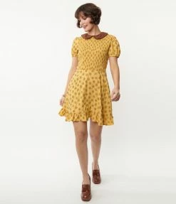 Smak Parlour Mustard & Brown Floral Smocked Fit & Flare Dress