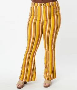Unique Vintage Plus Size Orange & Yellow Stripe Denim Flare Jeans