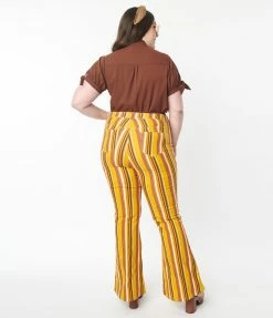 Unique Vintage Plus Size Orange & Yellow Stripe Denim Flare Jeans