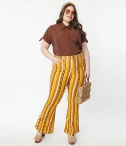Unique Vintage Plus Size Orange & Yellow Stripe Denim Flare Jeans