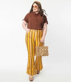 Unique Vintage Plus Size Orange & Yellow Stripe Denim Flare Jeans