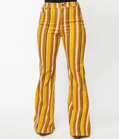 Unique Vintage Orange & Yellow Stripe Denim Flare Jeans Sale