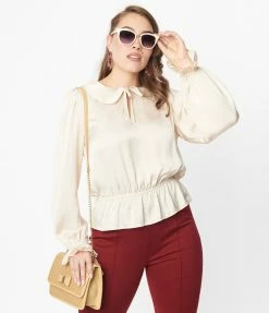 Unique Vintage Champagne Satin Peplum Blouse Clothing