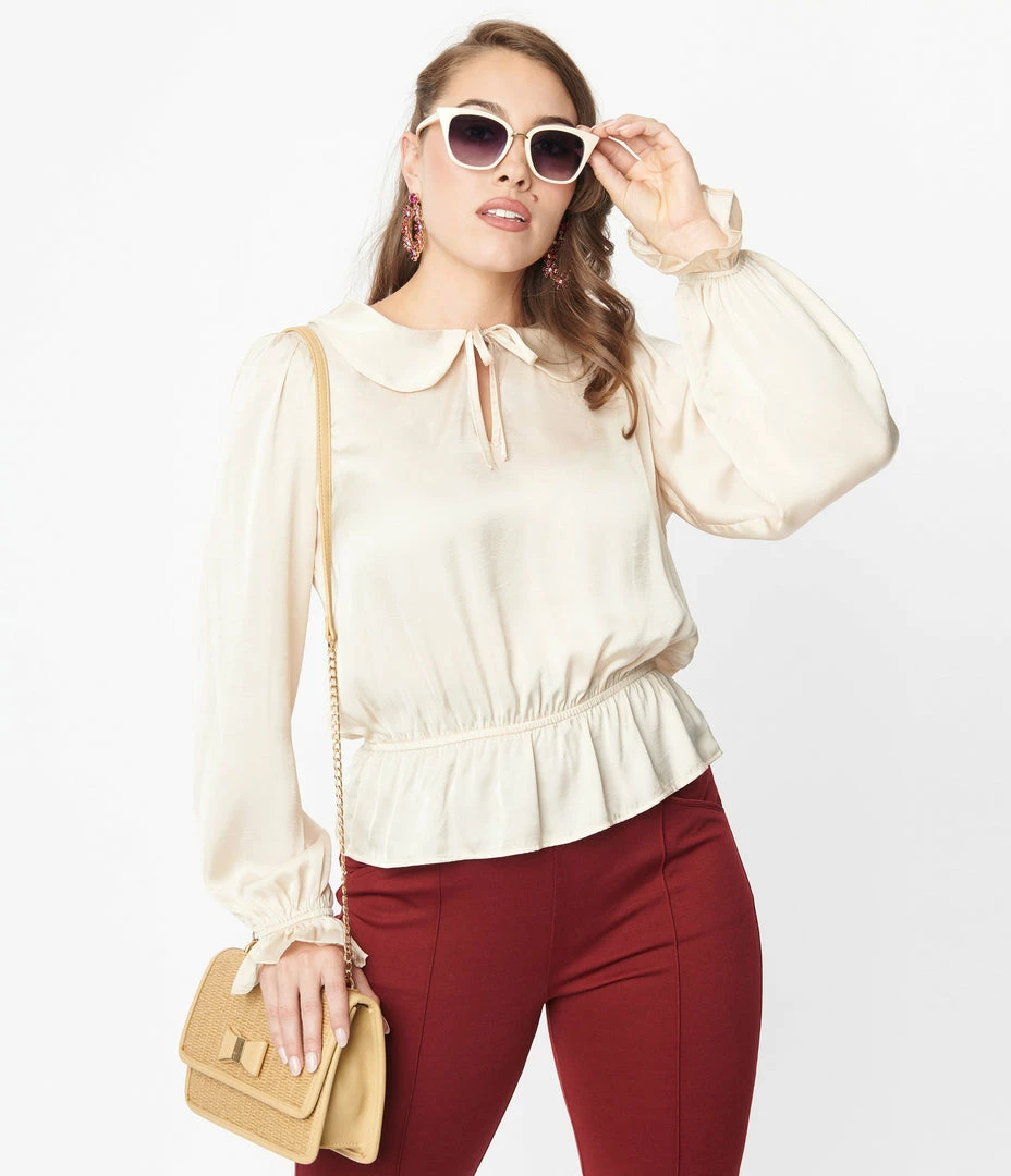 Unique Vintage Champagne Satin Peplum Blouse Clothing