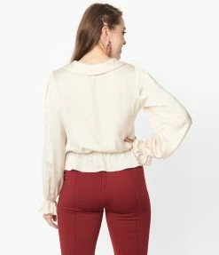 Unique Vintage Champagne Satin Peplum Blouse Clothing