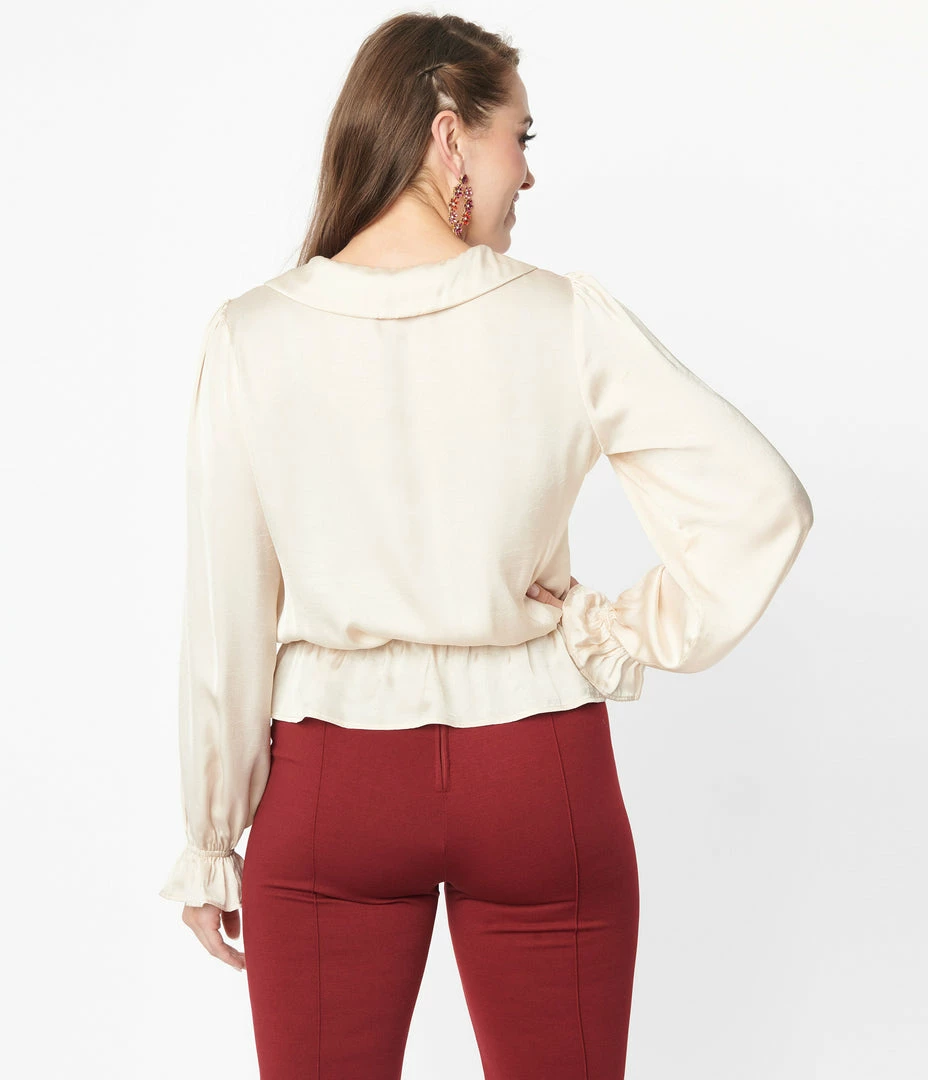Unique Vintage Champagne Satin Peplum Blouse Clothing