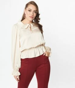 Unique Vintage Champagne Satin Peplum Blouse Clothing