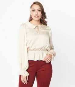 Unique Vintage Champagne Satin Peplum Blouse Clothing