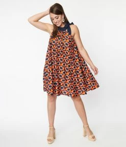 Smak Parlour Navy & Red Chain Print Pleated Shift Dress Sale